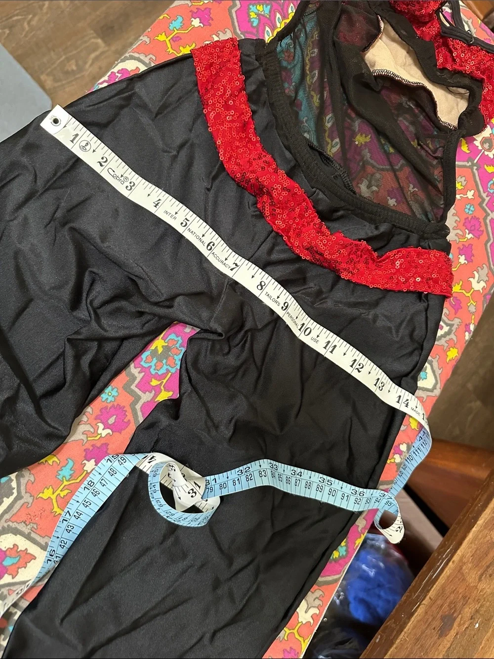 Competition Dance Costume Red & Black Sequin Cutout Jumpsuit w/ Belt (YL)
